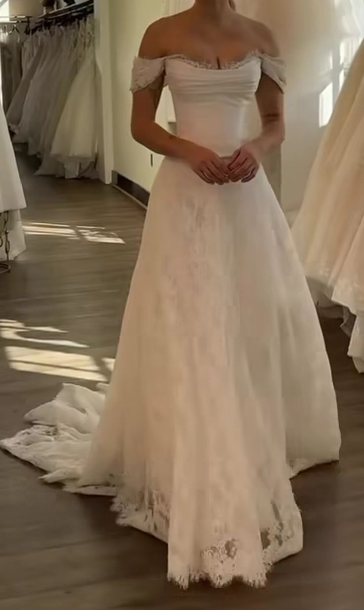 A Line White Off Shoulder Long Princess Wedding Dress - View 2 | VelvetHem