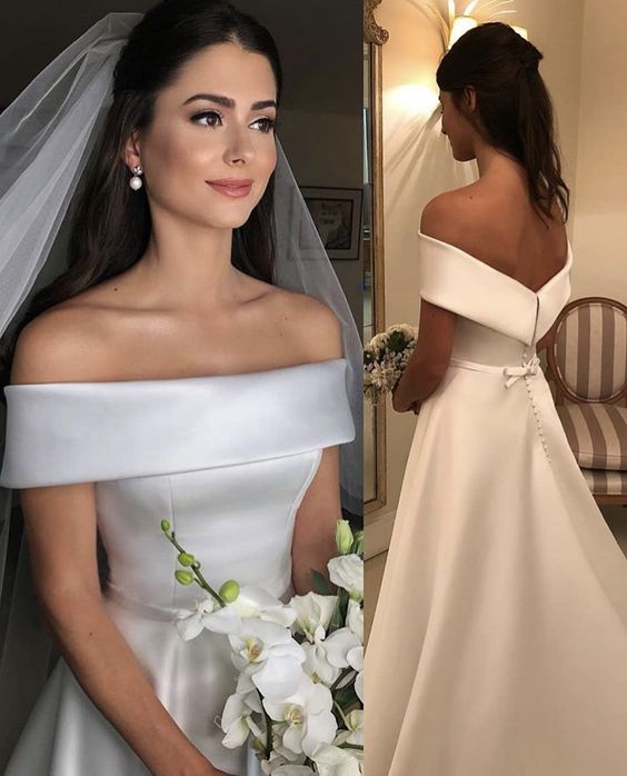 Simple Elegant Off-the-Shoulder A-Line Wedding Dresses Satin Beach Garden Wedding Dress - FashionDia