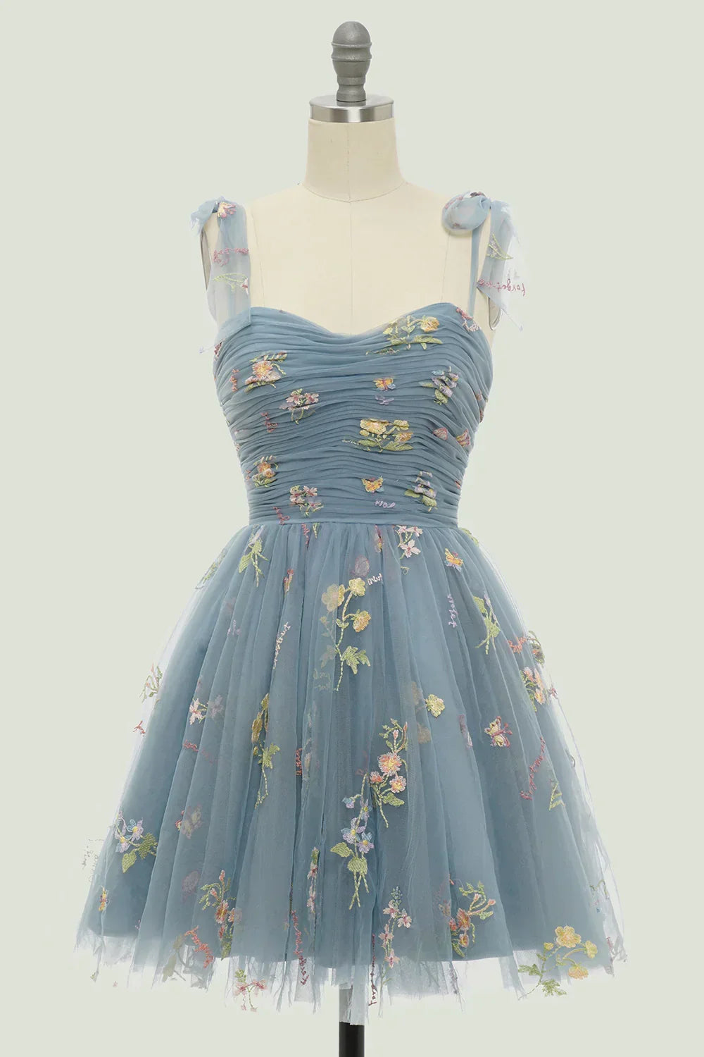 A Line Spaghetti Straps Champagne Short Homecoming Dress with Embroidery