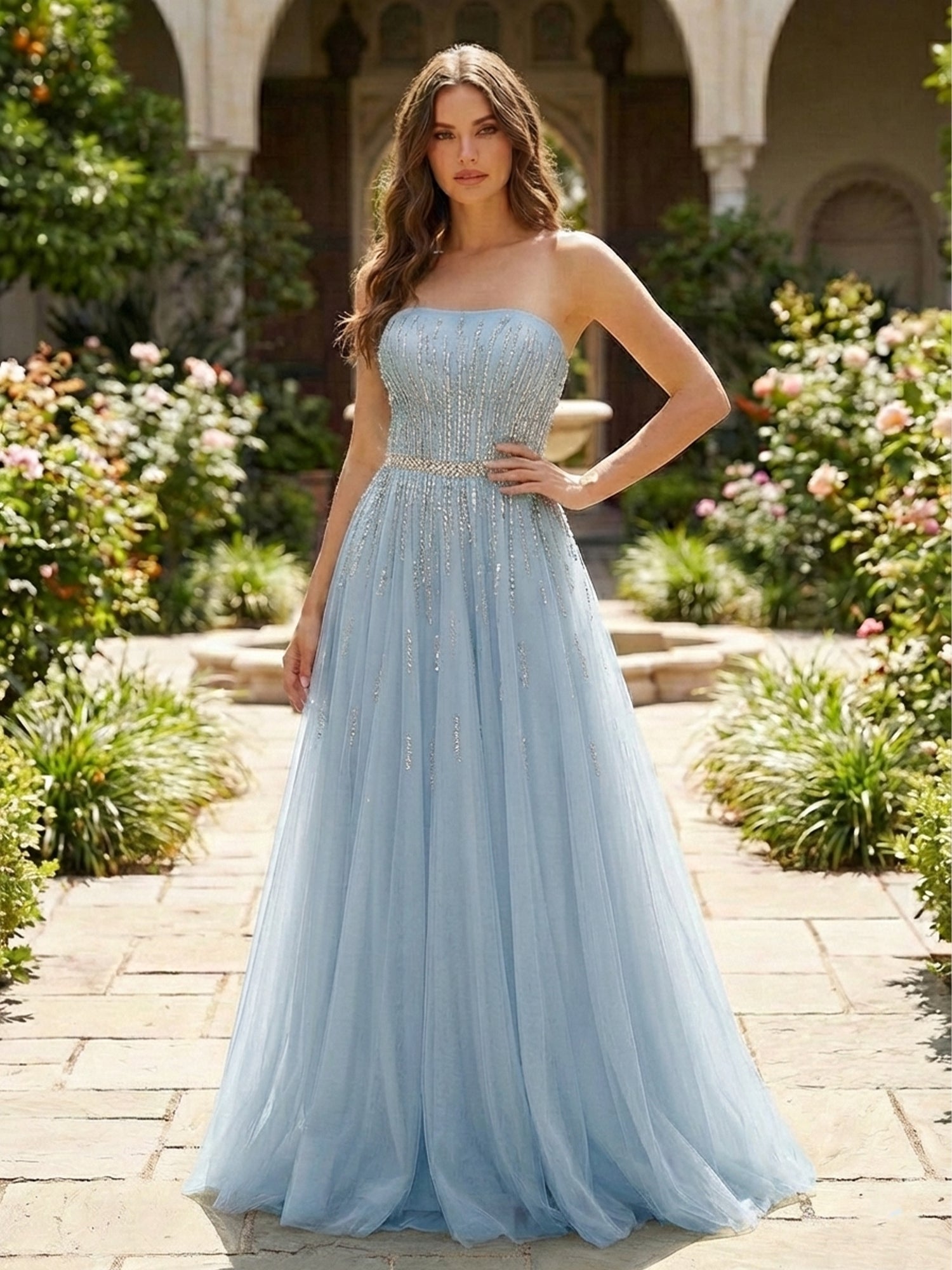 Strapless Beaded Tulle A-Line Long Prom Dress