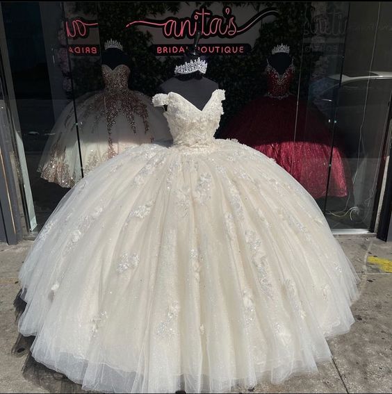 Off-the-Shoulder Applique Lace Ball Gown Party Sweet 15 16 Party Dress - FashionDia
