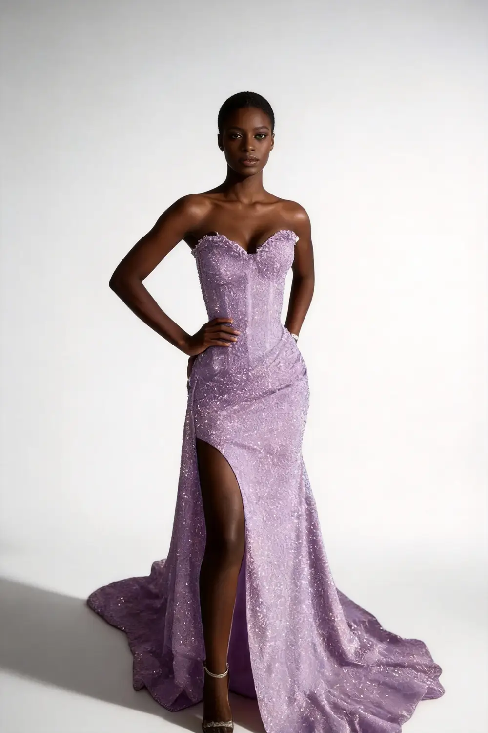 Lavender Sequin Strapless Mermaid Prom Dress With High Slit Train (ZD17160)