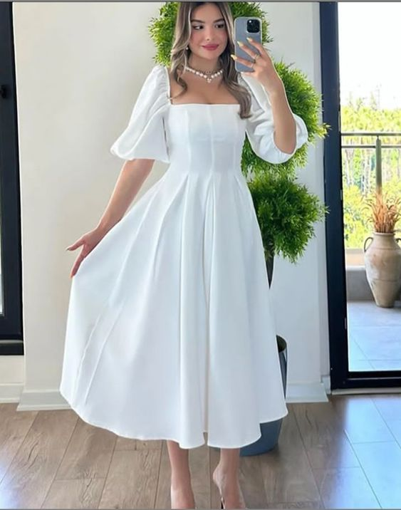 Simple White Square Neckline A-line Party Dress
