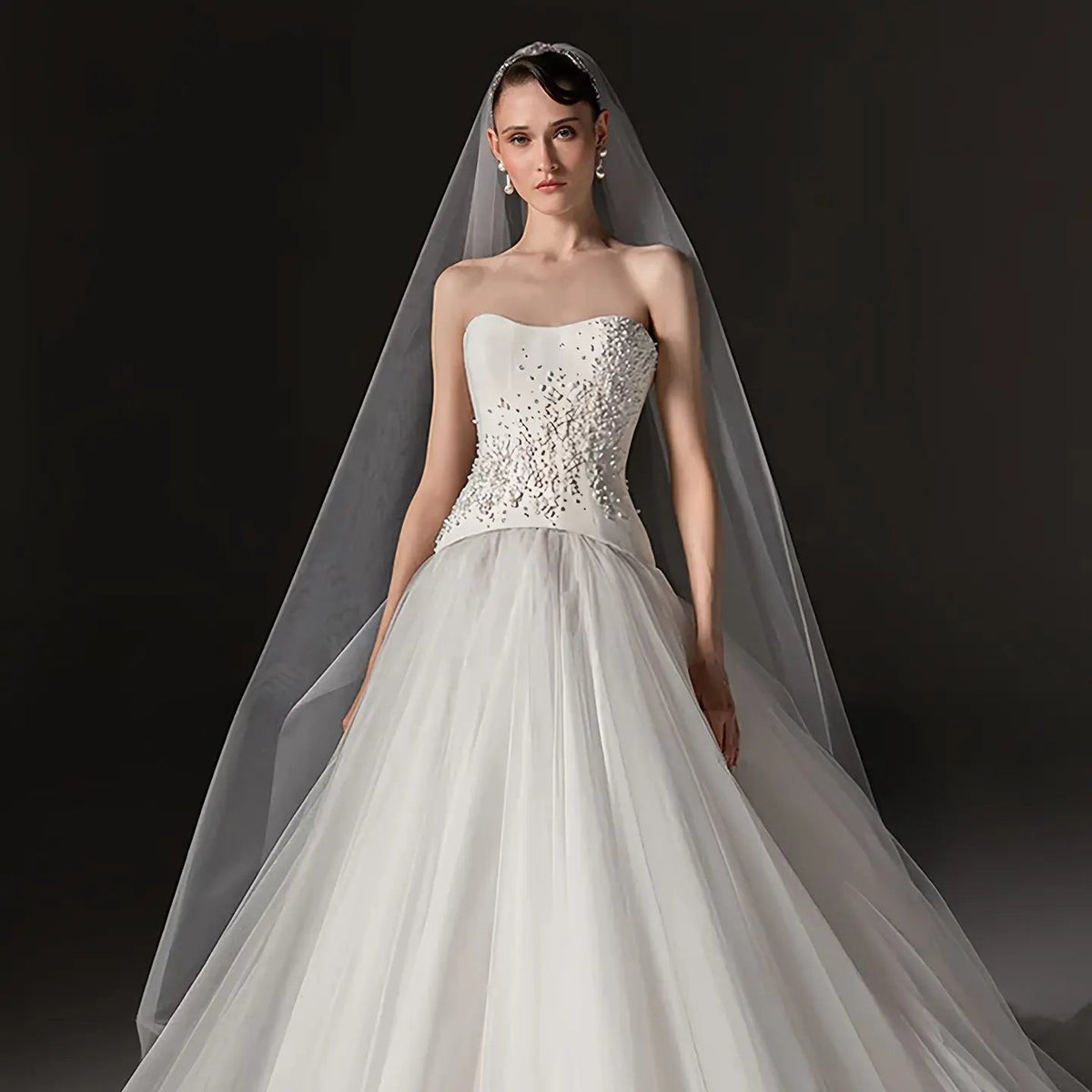 Elegant White Strapless Bodice Crystal Ball Gown Wedding Dress with Veil ZP080 - View 2 | VelvetHem