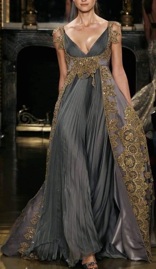 V-Neck Dark Gray Evening Dress Classy Gold Lace Long Prom Dress - FashionDia