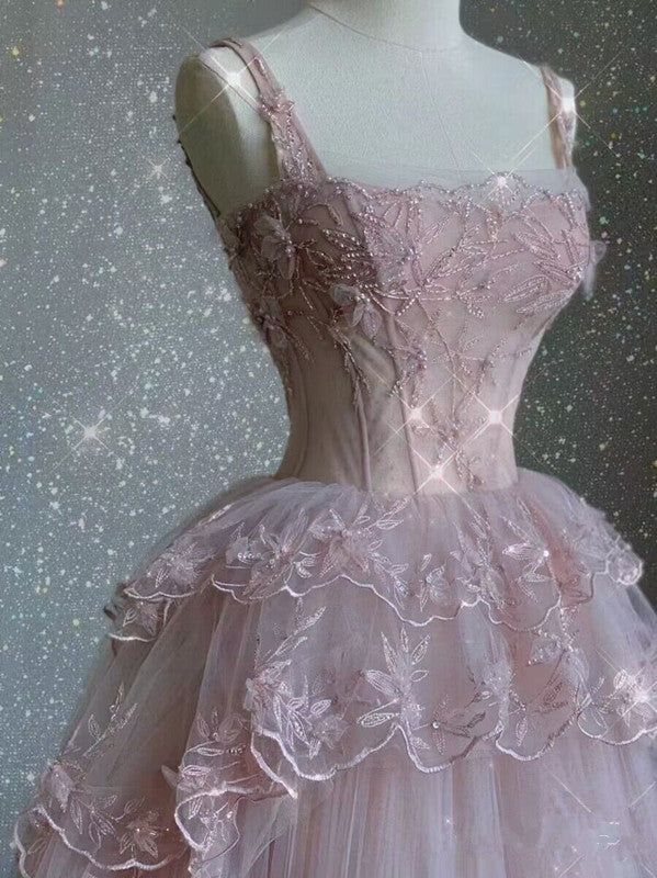 Modest Ball Gown Straps Pink Tulle Prom Dresses 22th Birthday Outfit