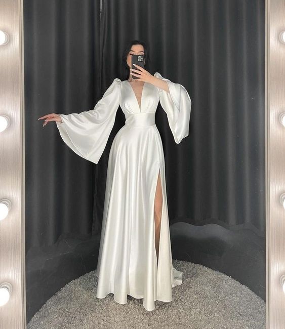 Satin Flare Long Sleeve Wedding Dresses Side Split Deep V Neck Bride Dress