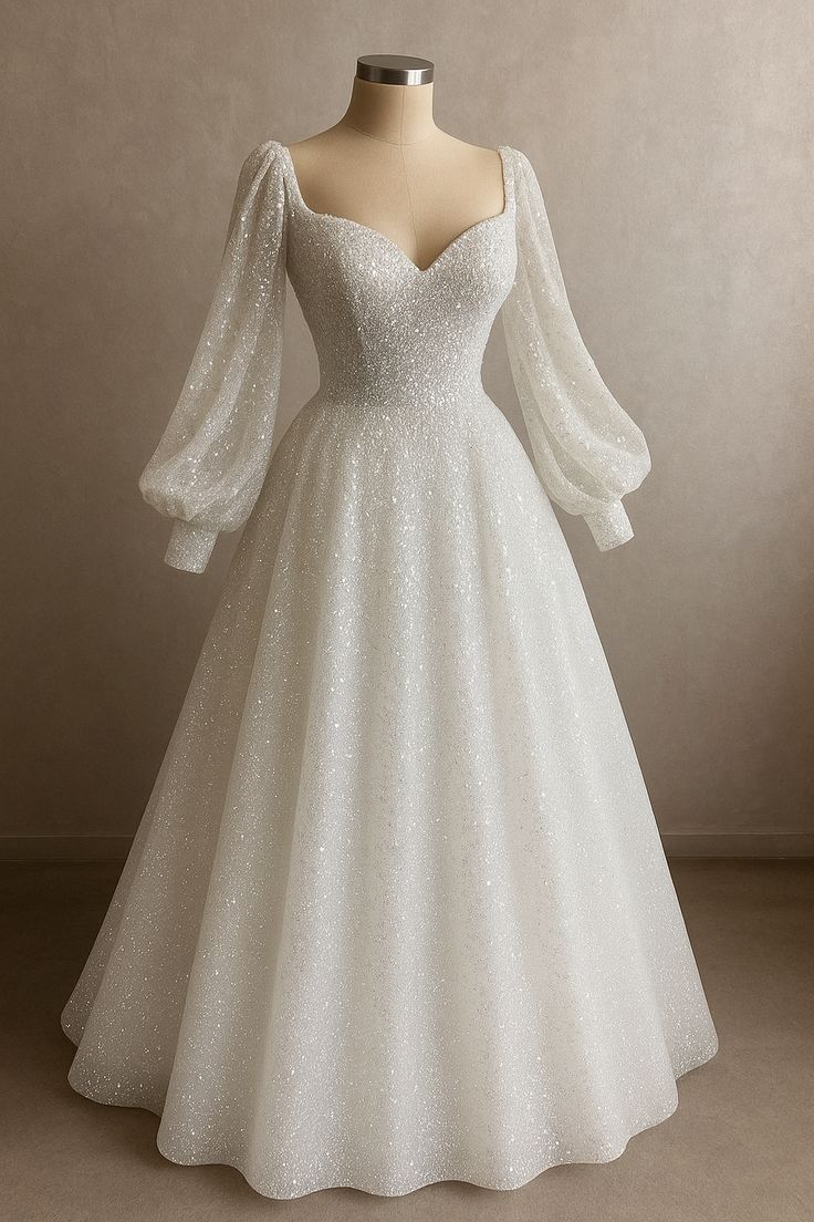 A Line Long Sleeves Shiny Long Bridal Gown Wedding Dress    fg7835