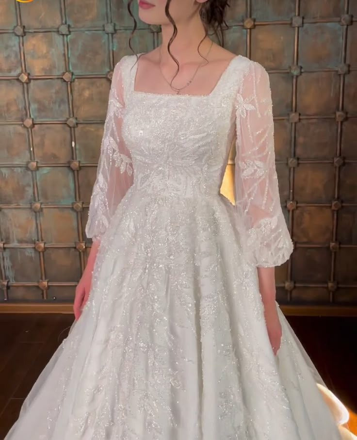 A Line White Square Neck Long Princess Wedding Dress    fg8167