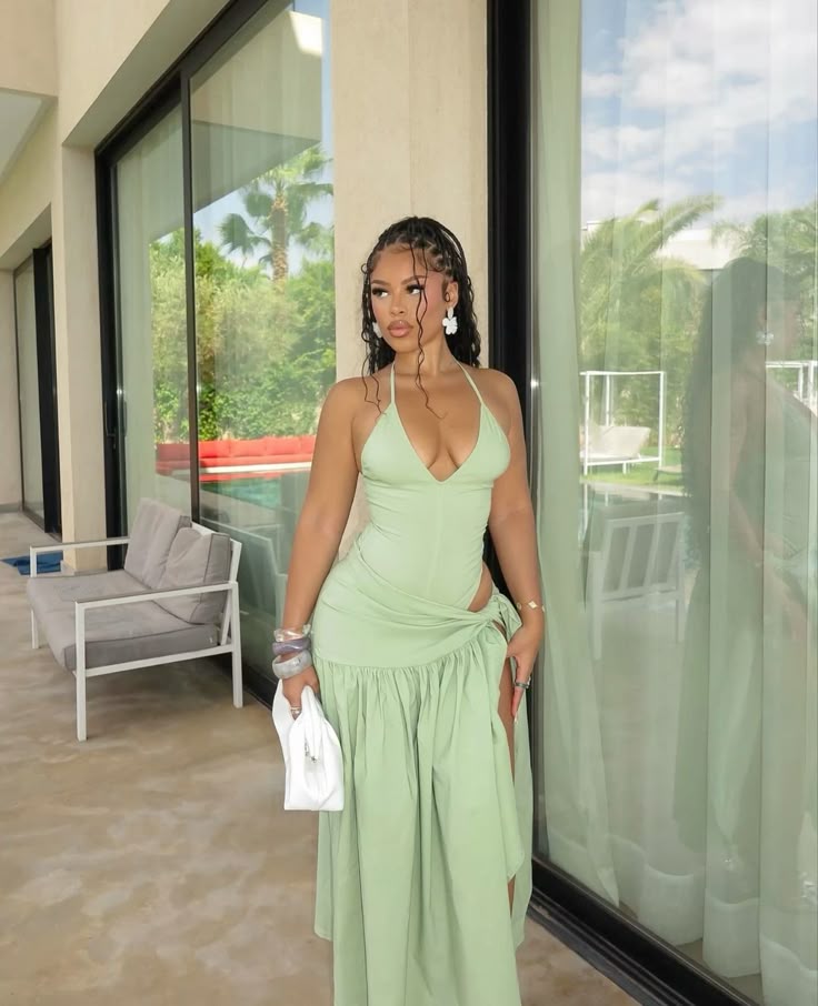 Green Halter Evening Party Gowns Casual Dress     fg6678