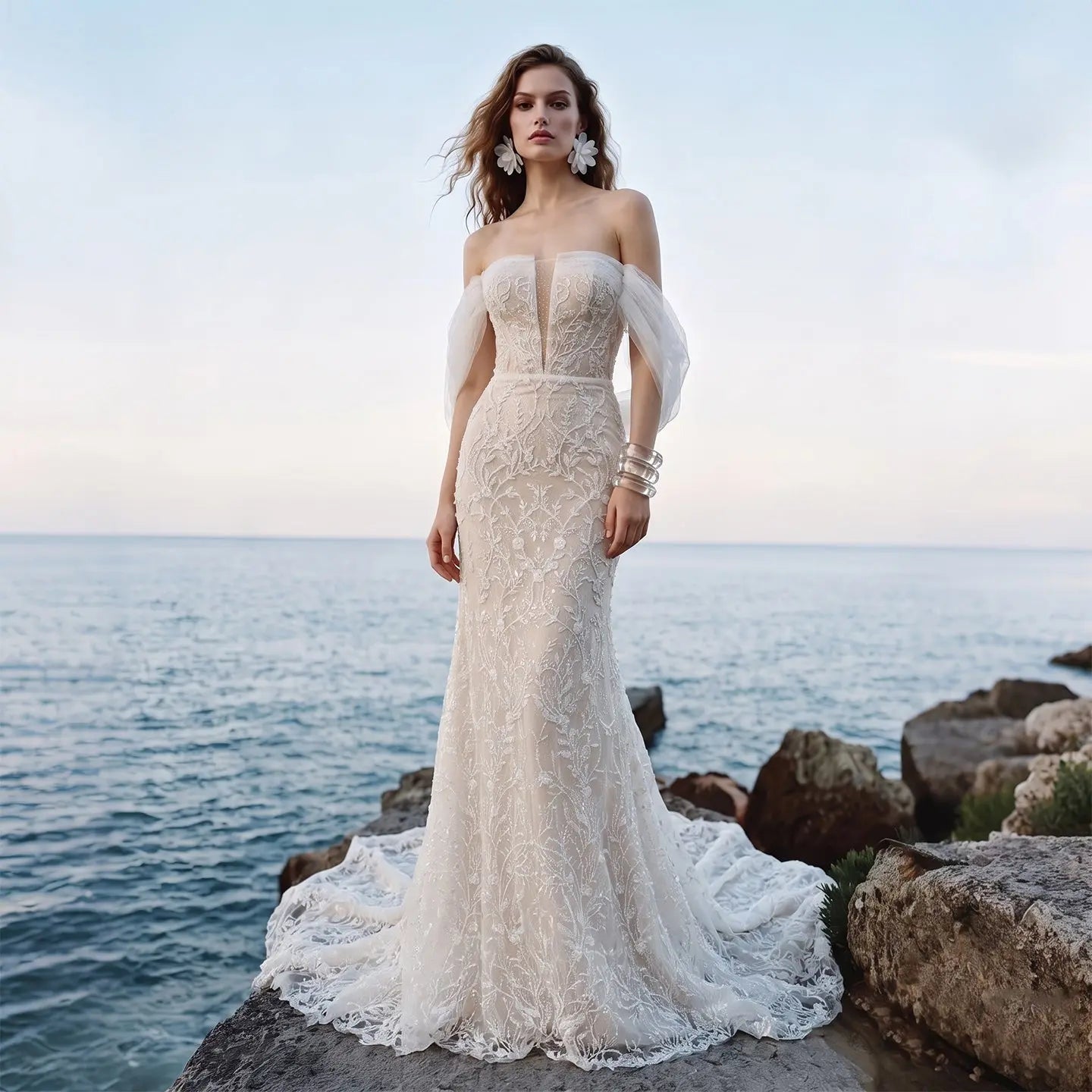 White Nude Lace Mermaid Wedding Dress Luxury Beaded Sequins   Tulle Gloves ZP032
