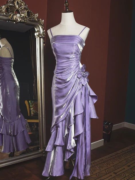 Charming Mermaid High-Low Satin Straps Party Dress Vintage Style Prom Dress - FashionDia