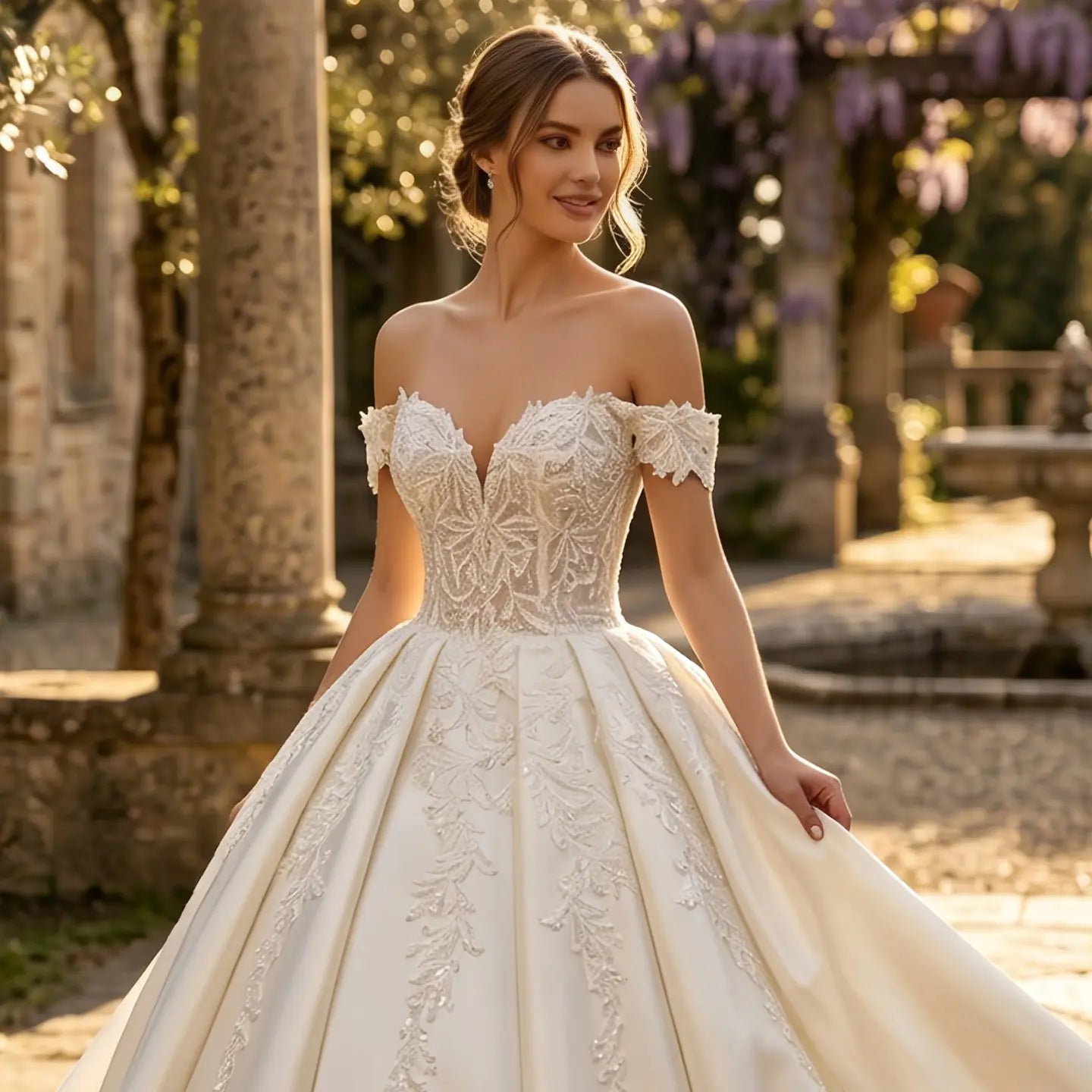Luxury White Off-the-Shoulder Lace Satin Ball Gown Wedding Dress ZP069