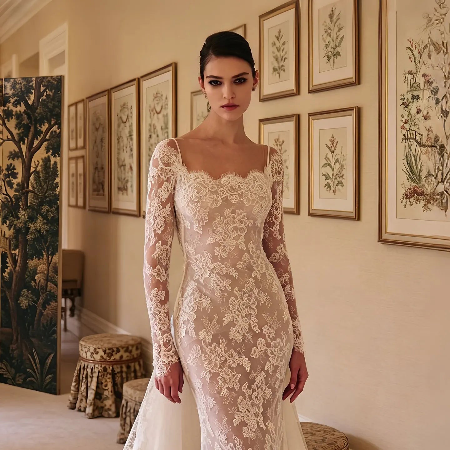 Romantic Ivory Long Sleeve Lace Mermaid Wedding Dress with Overskirt ZP076