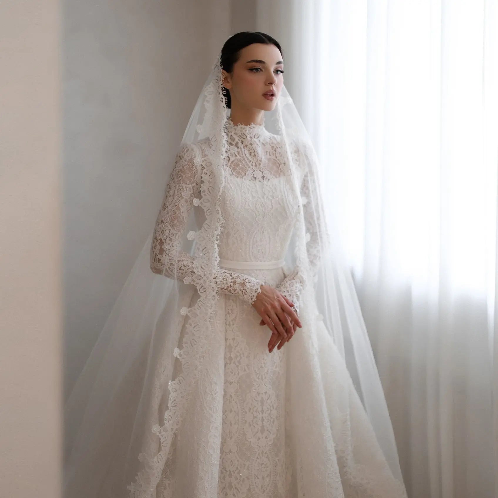 Luxury High Neck Lace Wedding Dress with Overskirt ZP174