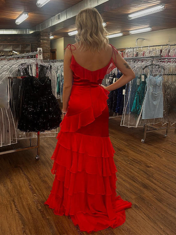 Fuchsia Mermaid Spaghetti Straps Ruffles Long Prom Party Dress - View 7 | FashionDia