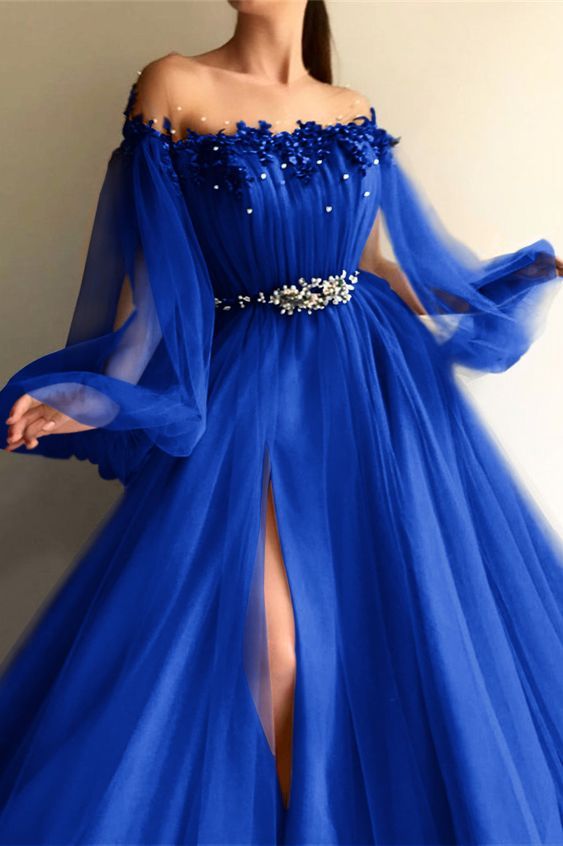 Chic Off-the-Shoulder Long Sleeves Elegant Evening Dresses With Beads - FashionDia