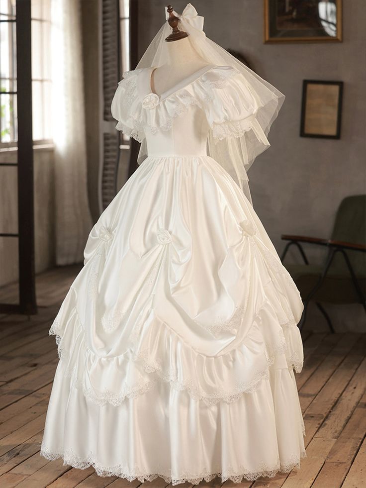 V-Neck Satin Long Prom Dress, Lace Wedding Dress