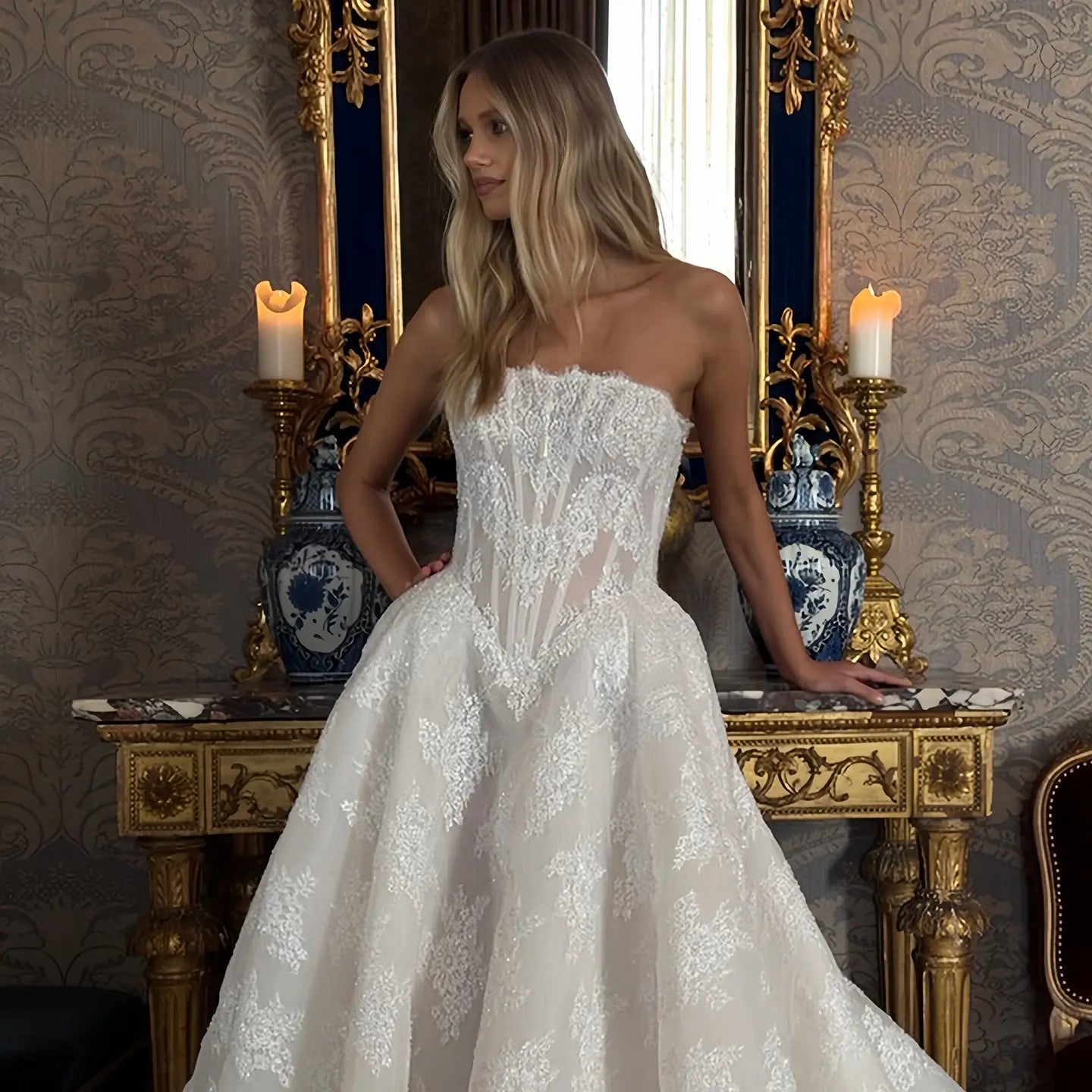 Regal White Strapless Sequin Sheer Lace Ball Gown Wedding Dress ZP097