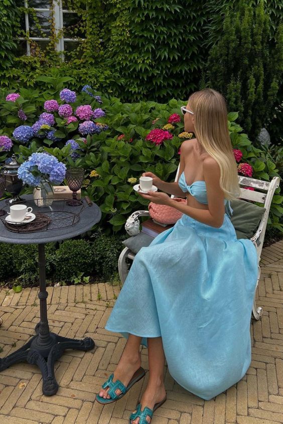 2 Pieces Sleeveless Light Sky Blue Satin Prom Dress - FashionDia