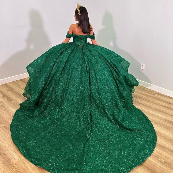 Emerald Green Shiny Handmade 3D Flowers Beading Quinceanera Dresses Ball Gown Off-the-Shoulder Sweet 16 Dress - View 2 | FashionDia