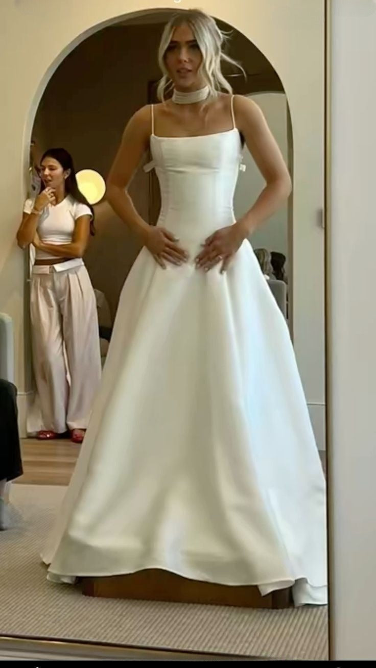 A-Line White Satin Elegant Wedding Dress Long Bridal Gown - FashionDia