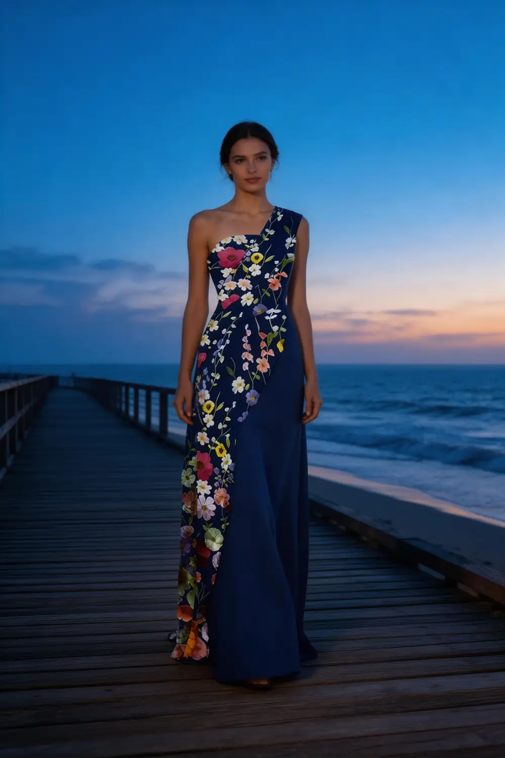 Sky Blue Floral Print Asymmetrical Maxi Dress For Summer Events by tangjianjun