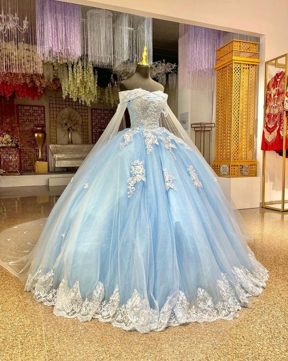 Gorgeous Blue Quinceanera Dresses With Cape Luxury Flowers Corset Ball Gown Princess Birthday Party Dress Sweet 15 Vestios Gala