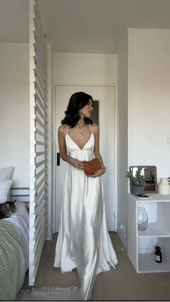 A-Line Long Prom Dresses, White Evening Party Dress - FashionDia
