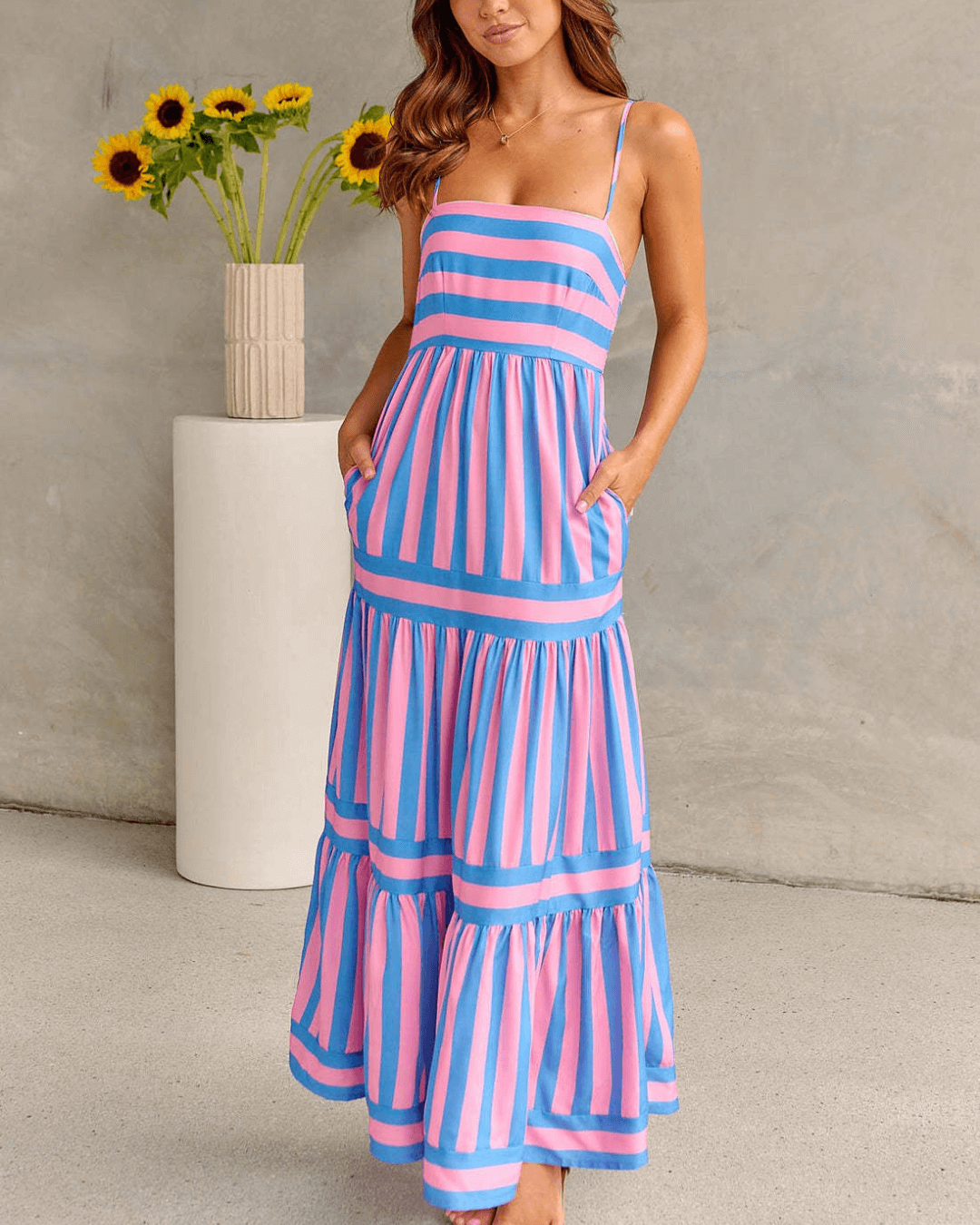 Multi Green Striped Maxi Dress - Fashionpara