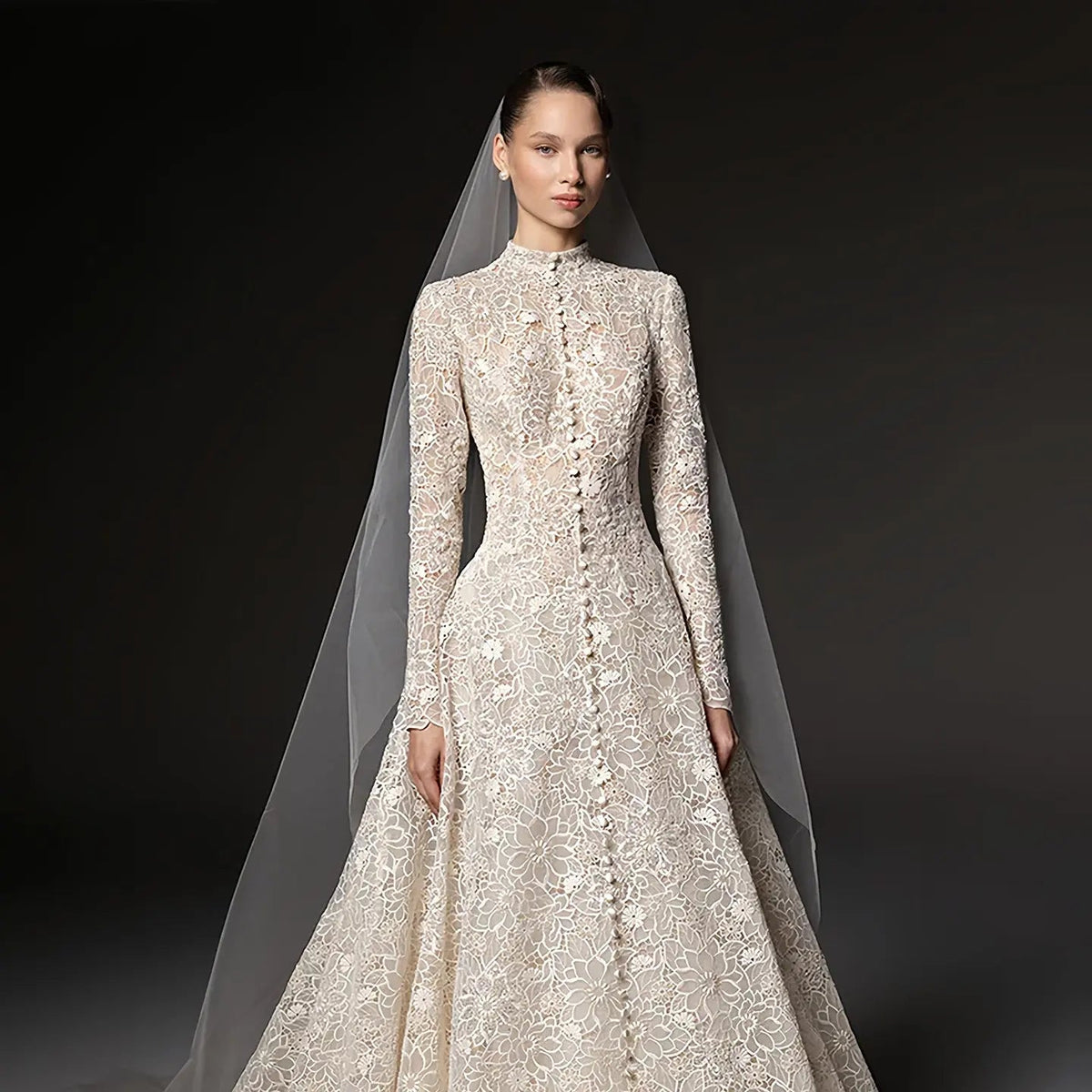 Luxury Champagne High Neck Long Sleeve Lace A-Line Wedding Dress with Buttons ZP079 - View 2 | VelvetHem