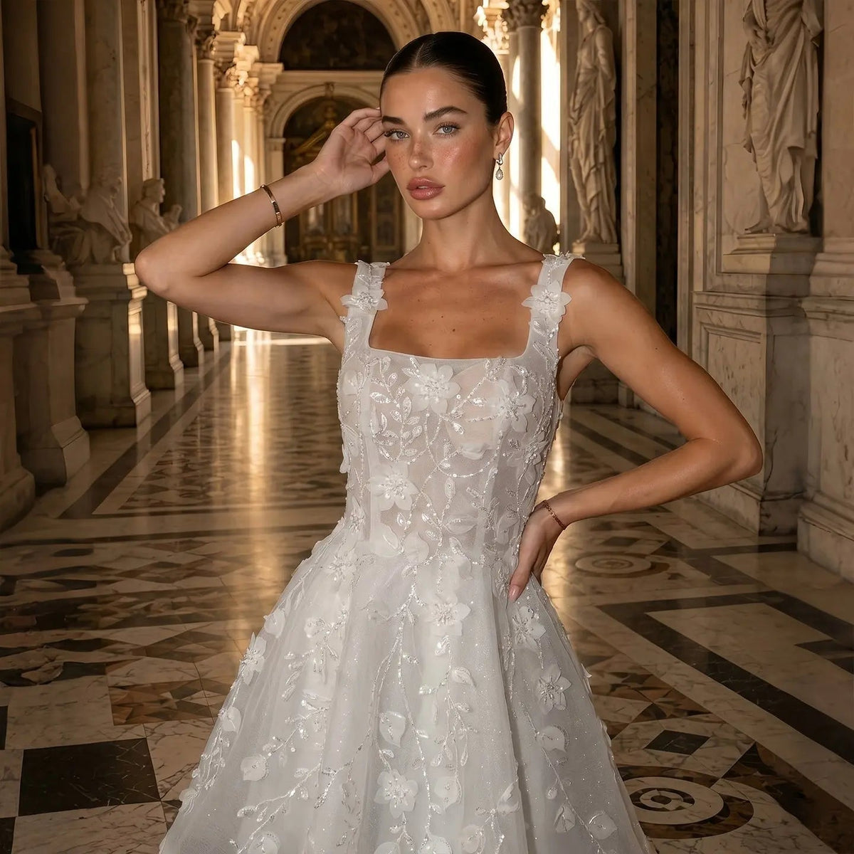 Luxury Off White 3D Floral Appliqué Short Wedding Dress with Sparkle Tulle ZP049