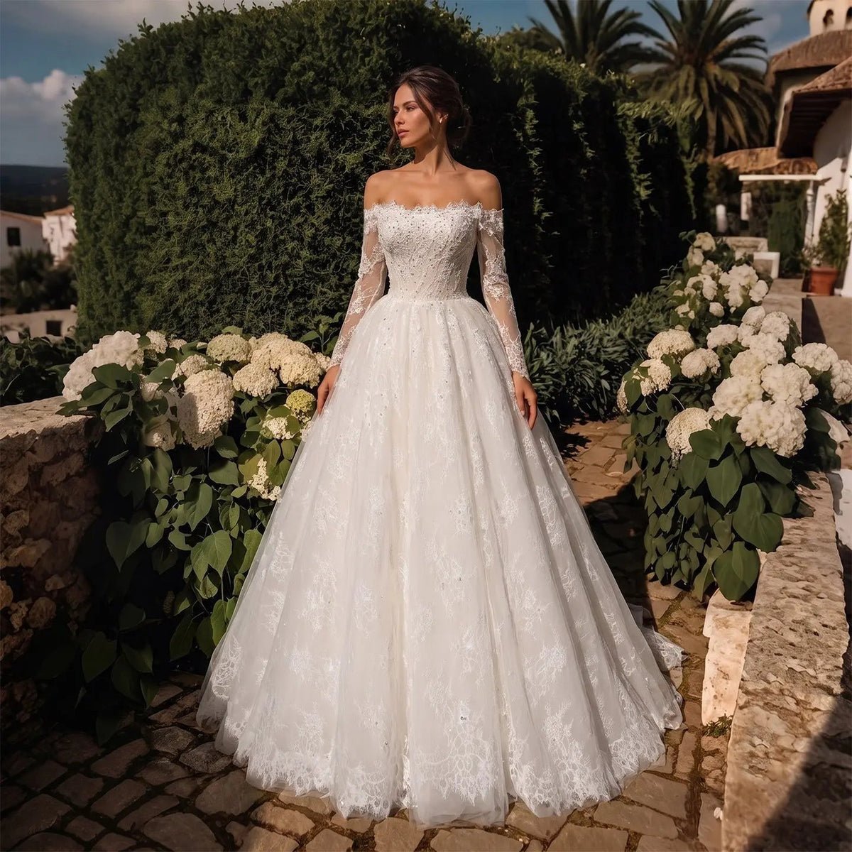 White Lace and Tulle Ball Gown Wedding Dress Off the Shoulder Beaded Bridal Dress ZP013