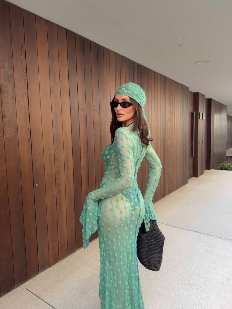 Green Sheer Dot Maxi Dress