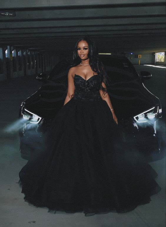 A-Line Black Long Prom Dresses, Strapless Evening Party Dress - FashionDia