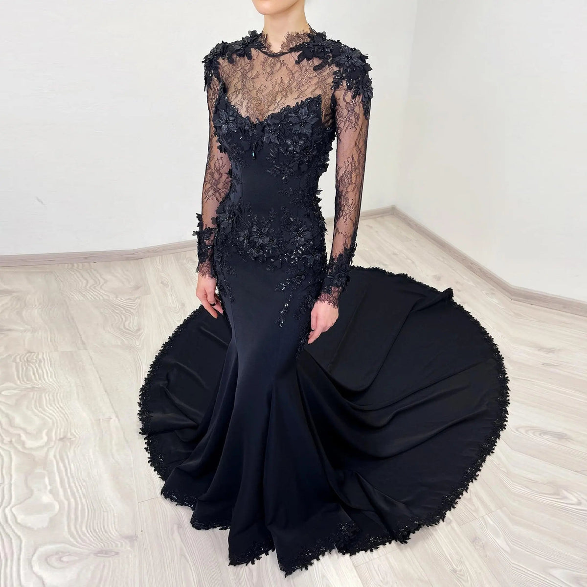 Black Luxury Gothic Wedding Dress Mermaid 3D Floral  With Lace Edge Train ZP194