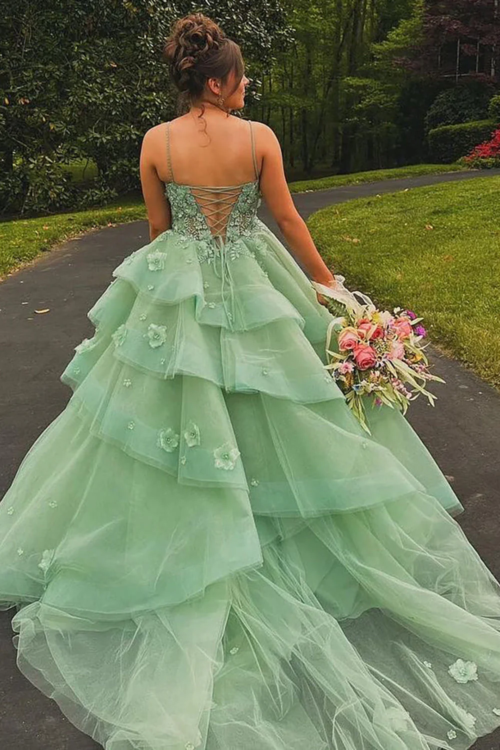 Charming Light Green Tulle Appliques Long Evening Dress Birthday Party Dress