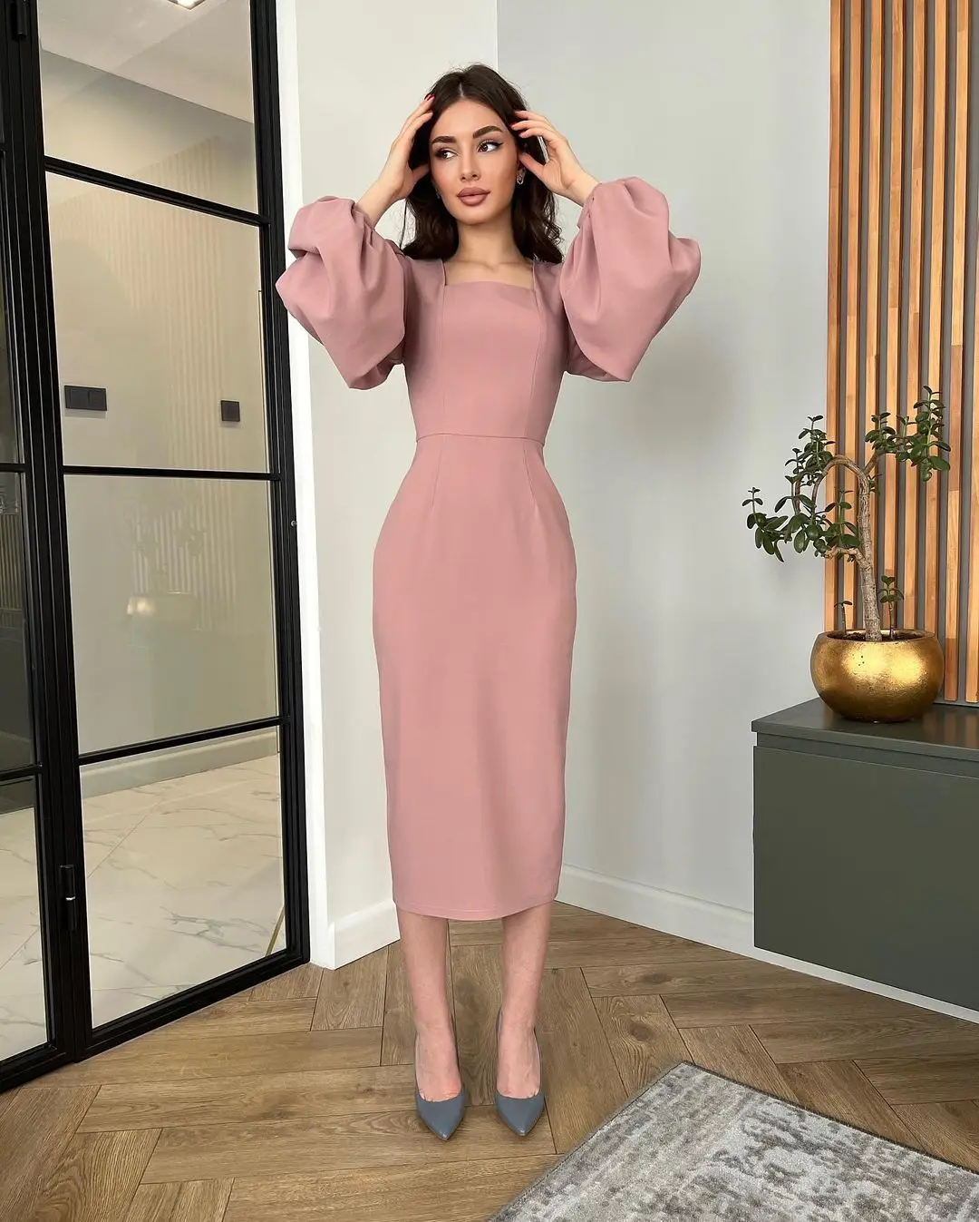 Saudi Arabia Women's Prom Dresses Square Neck Tea Length Formal Dress Temperament Evening Dress