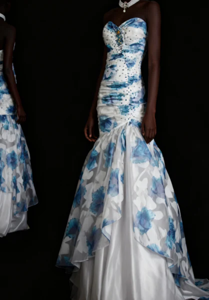 Elegant Sweetheart Neck Blue Tulle Print Floral Mermaid Long Prom Dresses Birthday Party Dress
