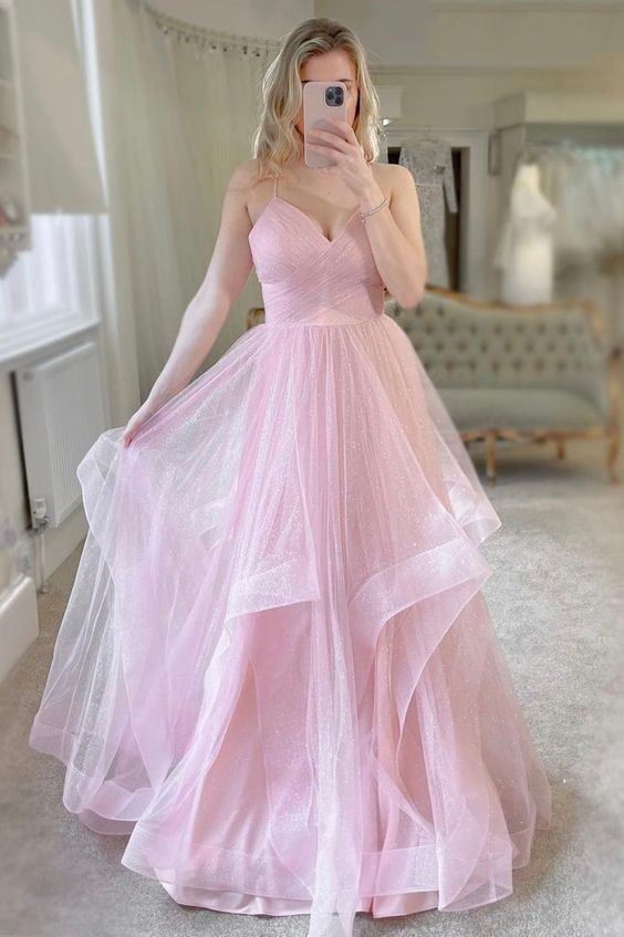 Pink Tulle Long Prom Dresses Sweet A-Line Evening Dresses Y6591 - View 2 | VelvetHem