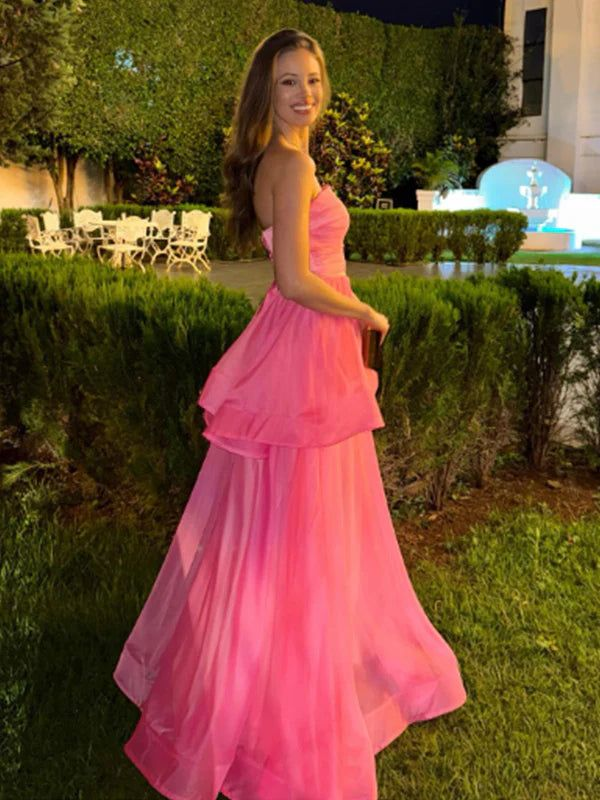 Sweet Pink Strapless Tulle A Line Evening Dress Formal Prom Dress
