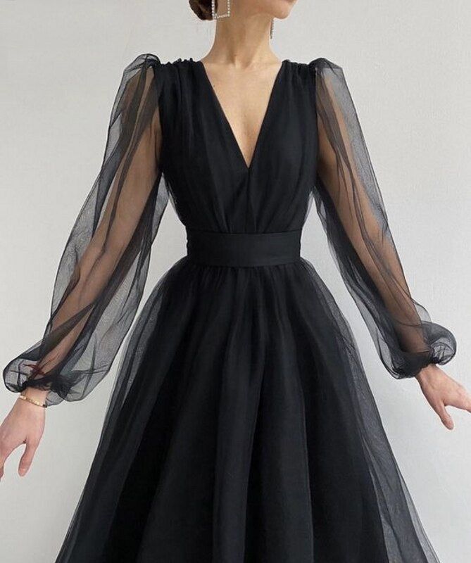 Graduation dress Short A-Line Prom Dresses V-Neck Long Puff Sleeve Tulle Formal Wedding Evening Party Dresses For Graduation - View 7 | FashionDia