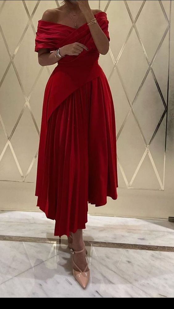 Chiffon Pleated Muslim Evening Dresses Off-the-Shoulder A-Line Prom Party Gowns - FashionDia