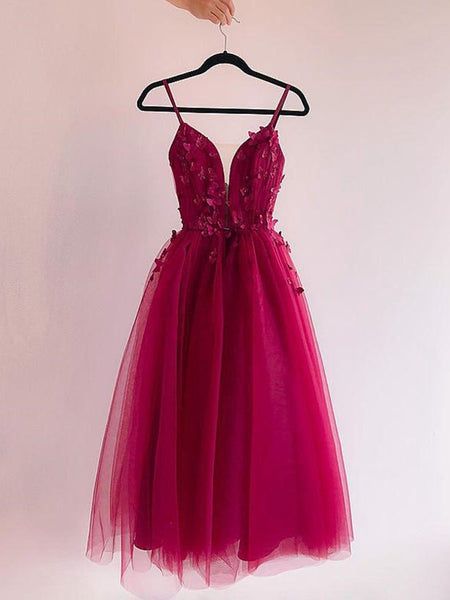 A Line V Neck Burgundy Prom Dresses with Lace Appliques, Burgundy Lace Homecoming Dresses fg6598 - View 2 | VelvetHem