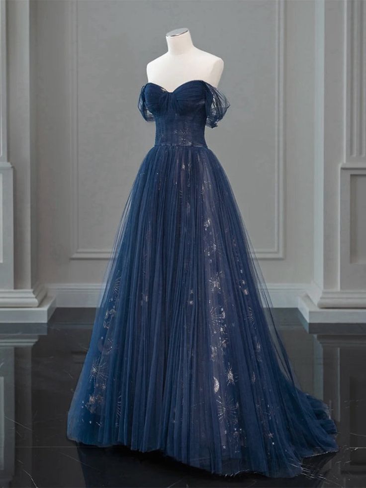 A-Line Off-the-Shoulder Tulle Lace Dark Blue Long Prom Dress, Dark Blue Long Evening Dress - View 2 | FashionDia