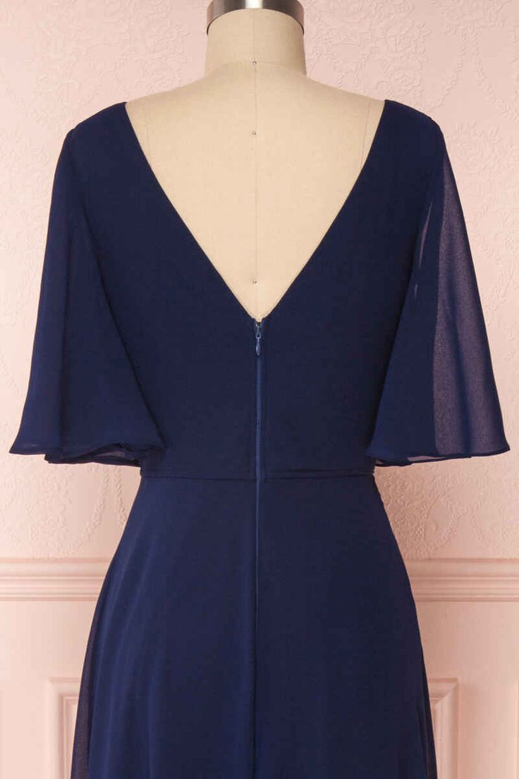Navy Blue Chiffon V-Neck Ruffled Sleeve Long Bridesmaid Dress - View 3 | FashionDia