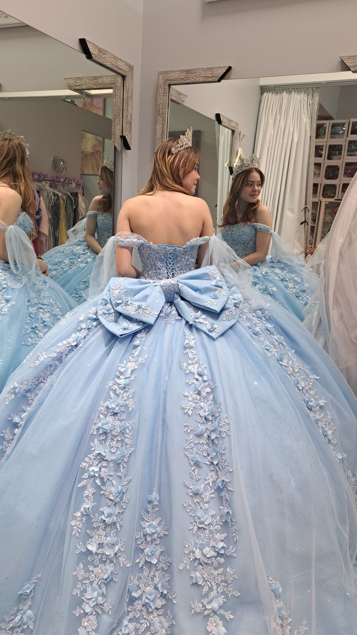 Light blue quinceanera dress, ball gown 3D flower lace birthday party gown - View 2 | FashionDia