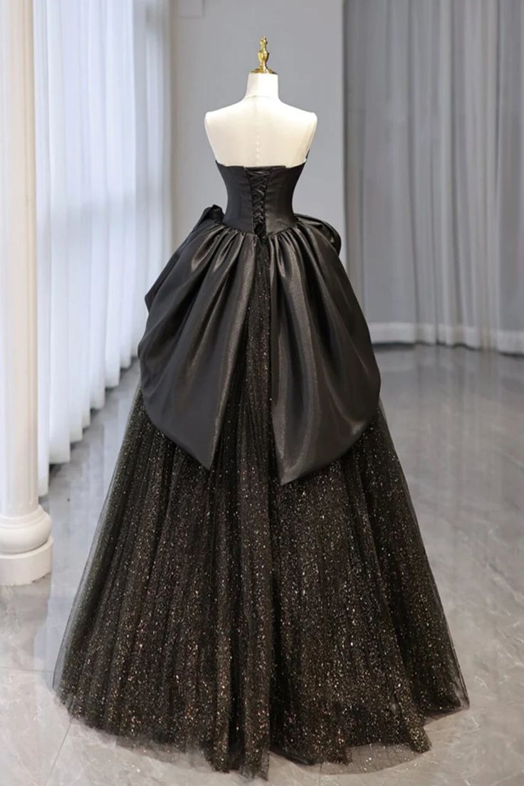 Shiny Black Tulle Strapless Long Prom Dresses, Black Tulle Formal Evening Dresses - View 2 | FashionDia