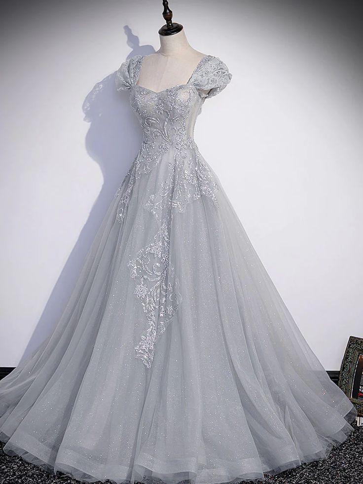 Gray Sweetheart Neck Tulle Lace Long Prom Dress, Gray Evening Dress - FashionDia