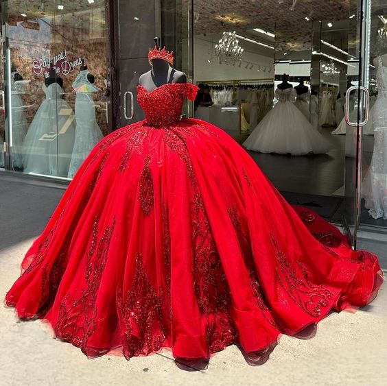 Luxury Red Quinceanera Dresses 2025 Ball Gown Beads Glitter Sequins Appliques Sweet 16 Dresses Birthday Party Gown Custom - View 2 | FashionDia